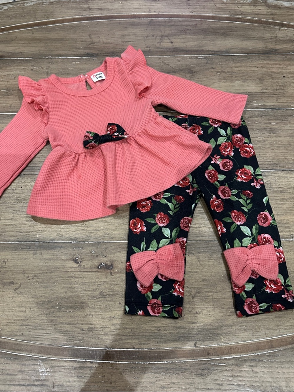 PatPat Pink Top with Floral Black & Pink Bow Leggings